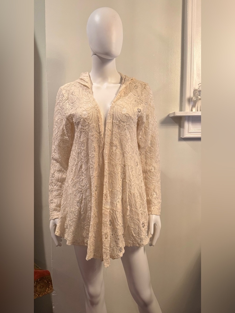 Belldini Lace Hooded Open-Front Cardigan in Cream